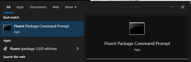 Windows start menu and Fluent Package Command Prompt